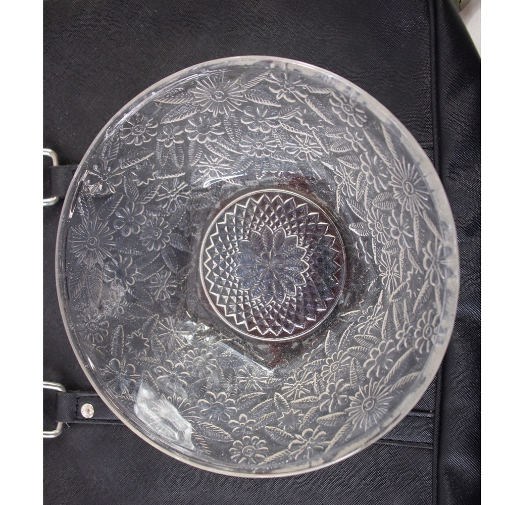 Pineapple & Floral Vintage Indiana Glass Floral Pressed Glass Bowl 7.5" Diameter